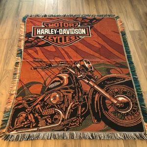 Vintage Harley Davidson Woven Tapestry Throw Blanket / Wall Hanging With Fringe